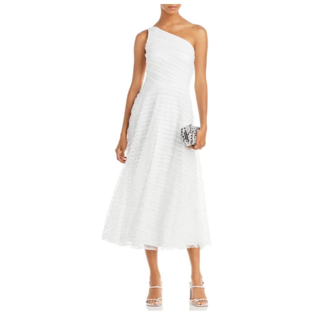AQUA White Embroidered Lace One Shoulder A-Line Midi Cocktail Dress Size 4
